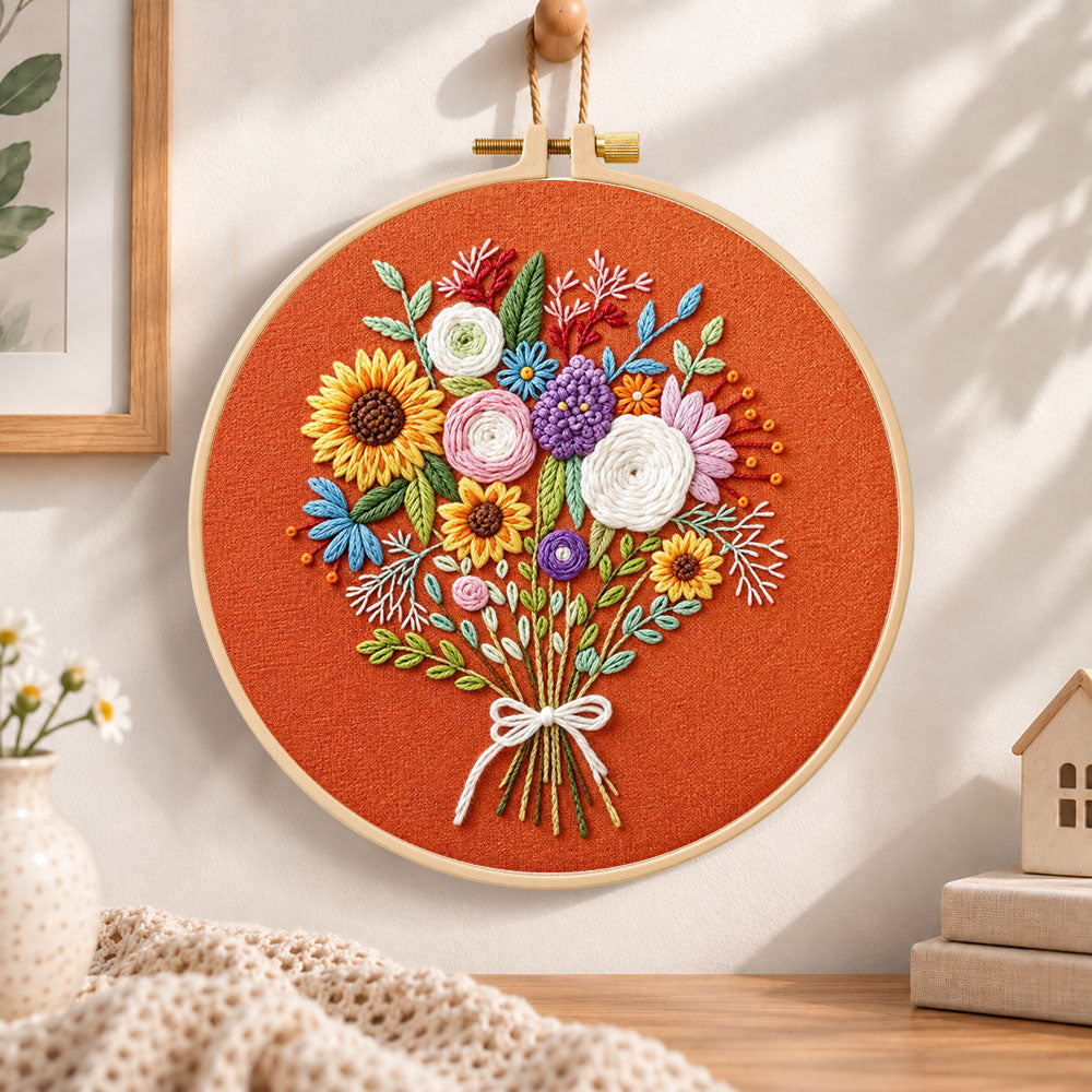 Sunflower bouquet on rust embroidery hoop wall art displayed as warm and cosy handmade home decor