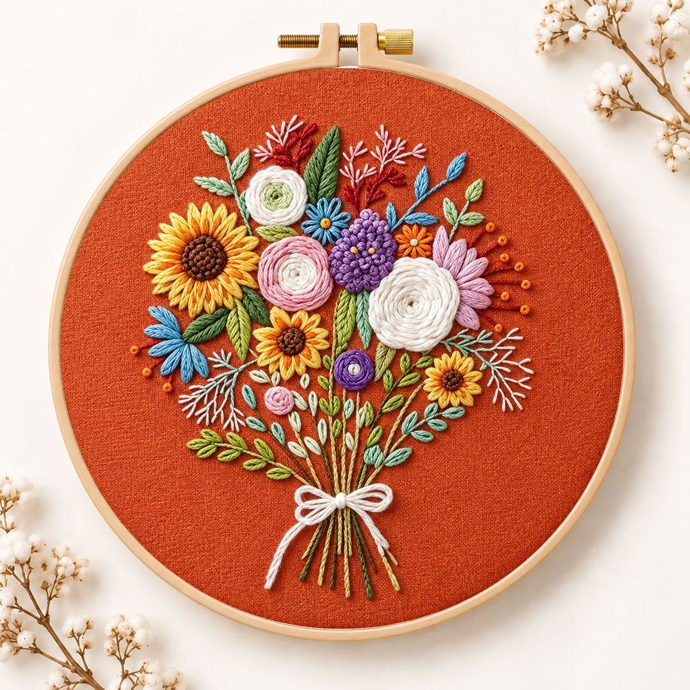 Sunflower bouquet on rust embroidery kit