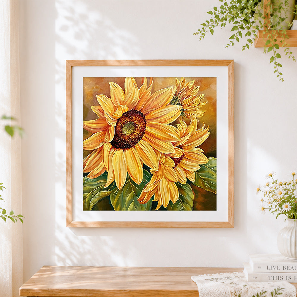 Finished sunflower close-up cross stitch artwork displayed