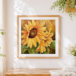 Finished sunflower close-up cross stitch artwork displayed