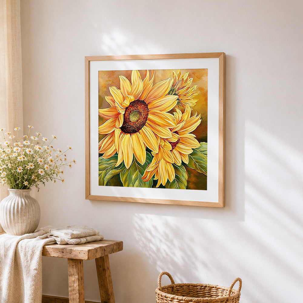 Sunflower close-up cross stitch artwork displayed on wall as home decor