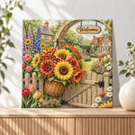 Finished sunflower cottage garden welcome pearl diamond painting artwork displayed as holiday home decor