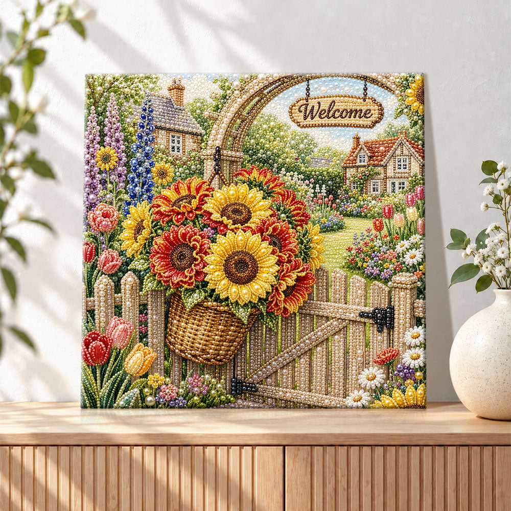 Finished sunflower cottage garden welcome pearl diamond painting artwork displayed as holiday home decor