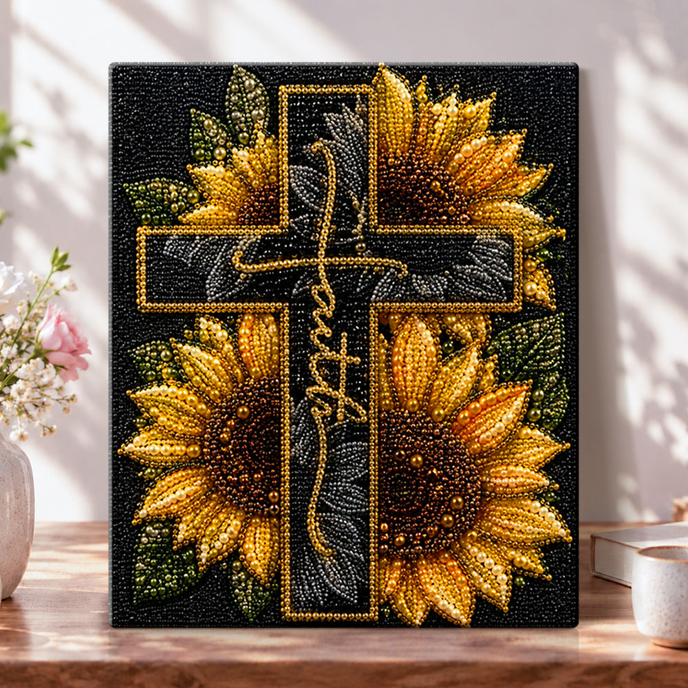 Sunflower cross with faith pearl diamond painting kit for beginners
