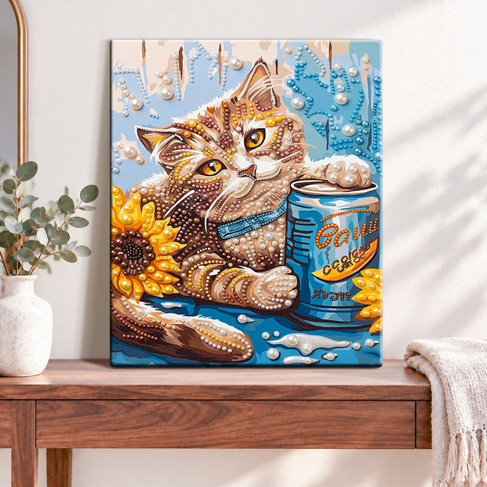 Finished sunflower feline vibes pearl diamond painting artwork displayed as home decor