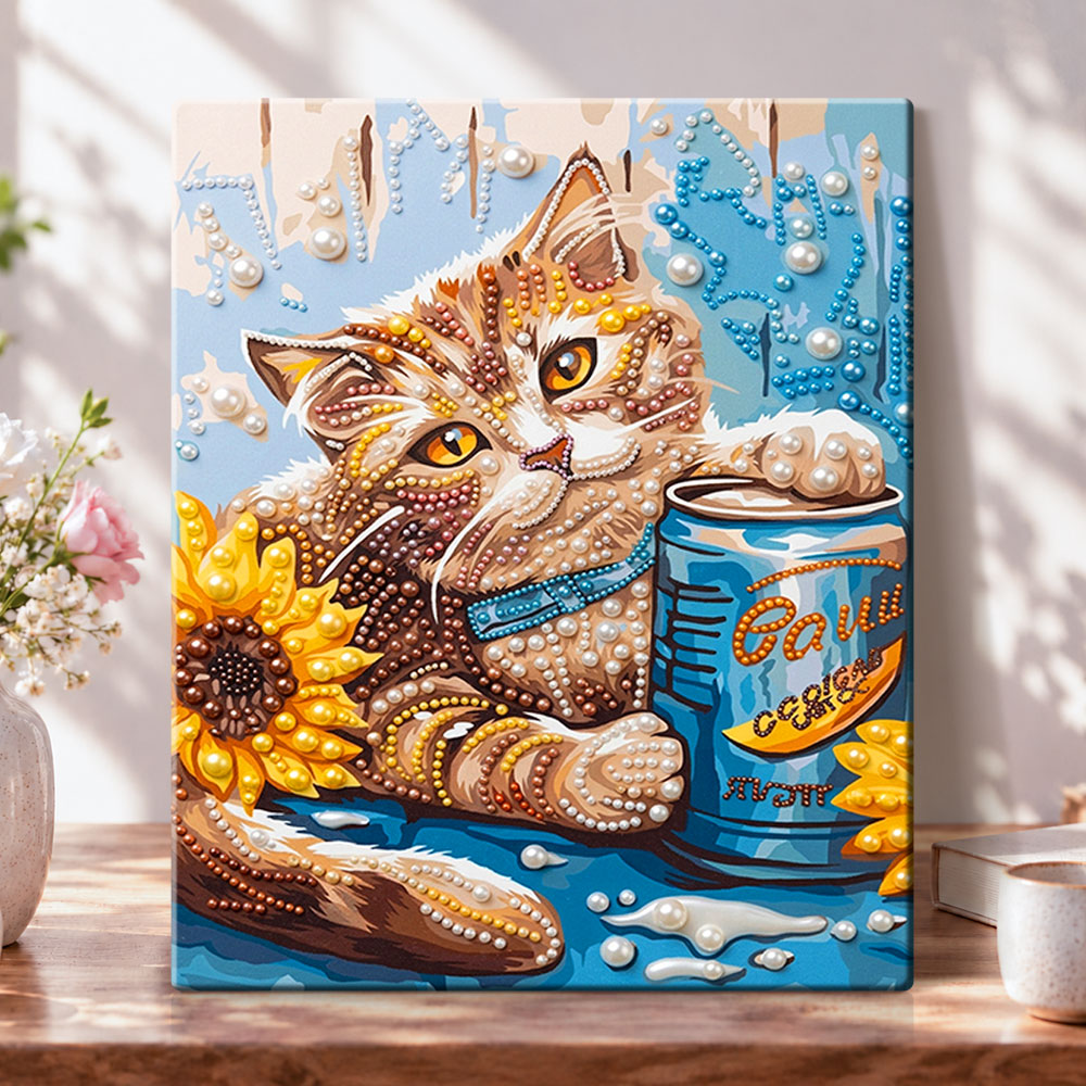 Sunflower feline vibes pearl diamond painting kit for beginners