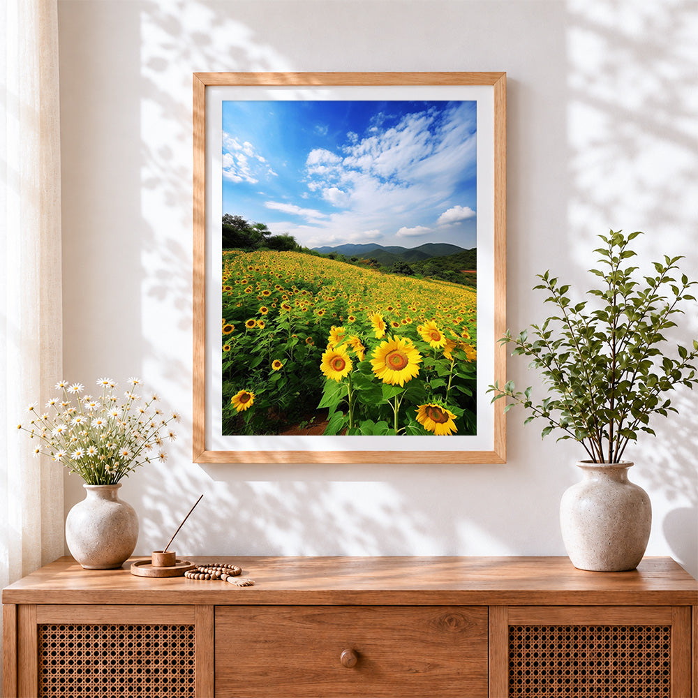 Finished sunflower field and rolling hills cross stitch artwork displayed