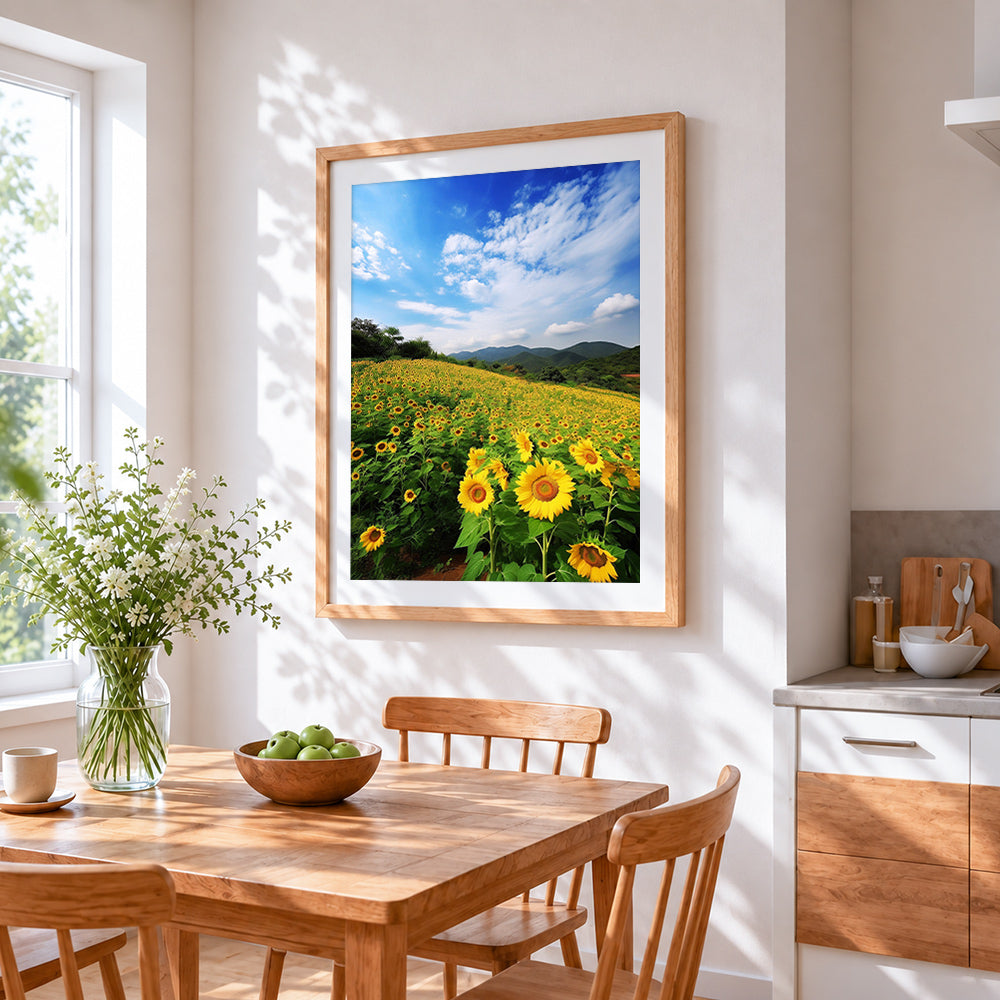 Sunflower field and rolling hills cross stitch artwork displayed on wall as home decor
