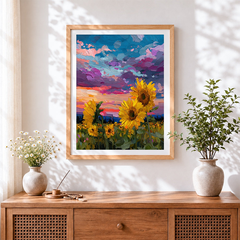 Finished sunflower field under purple sky cross stitch artwork displayed