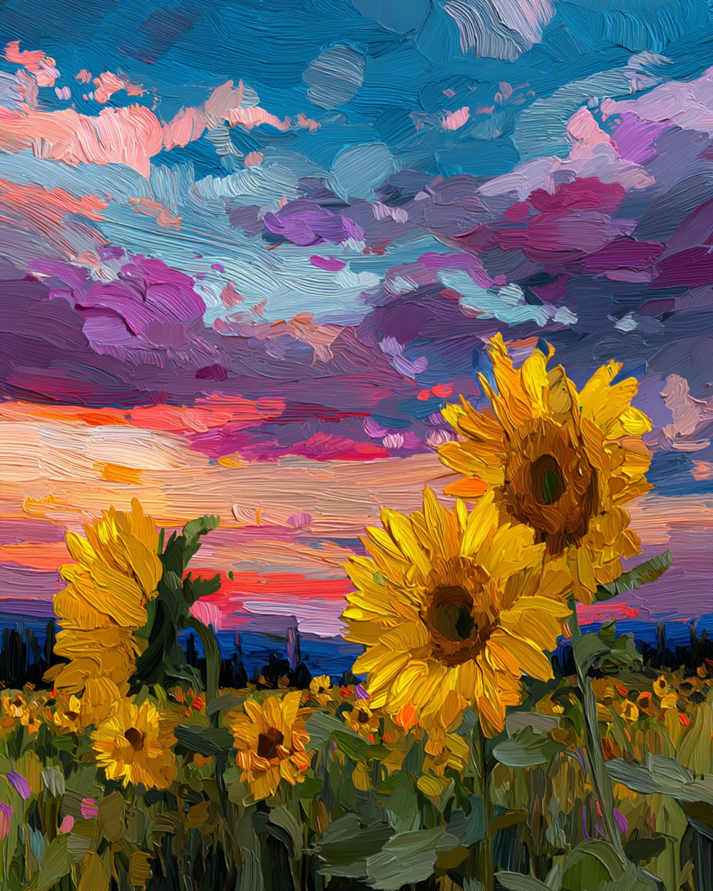 Sunflower field under purple sky cross stitch kit for beginners