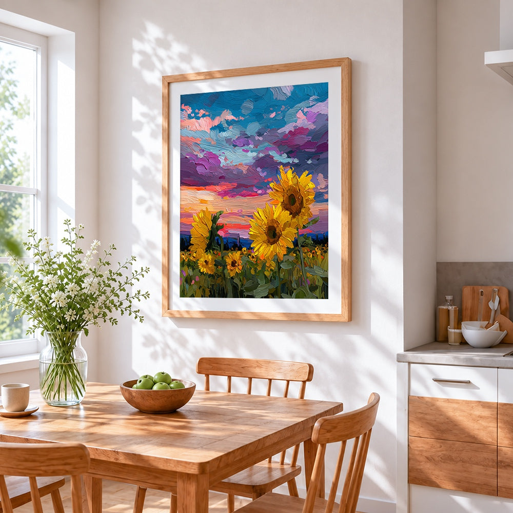 Sunflower field under purple sky cross stitch artwork displayed on wall as home decor