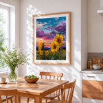 Sunflower field under purple sky cross stitch artwork displayed on wall as home decor