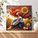 Finished sunflower folk maiden pearl diamond painting artwork displayed as holiday home decor