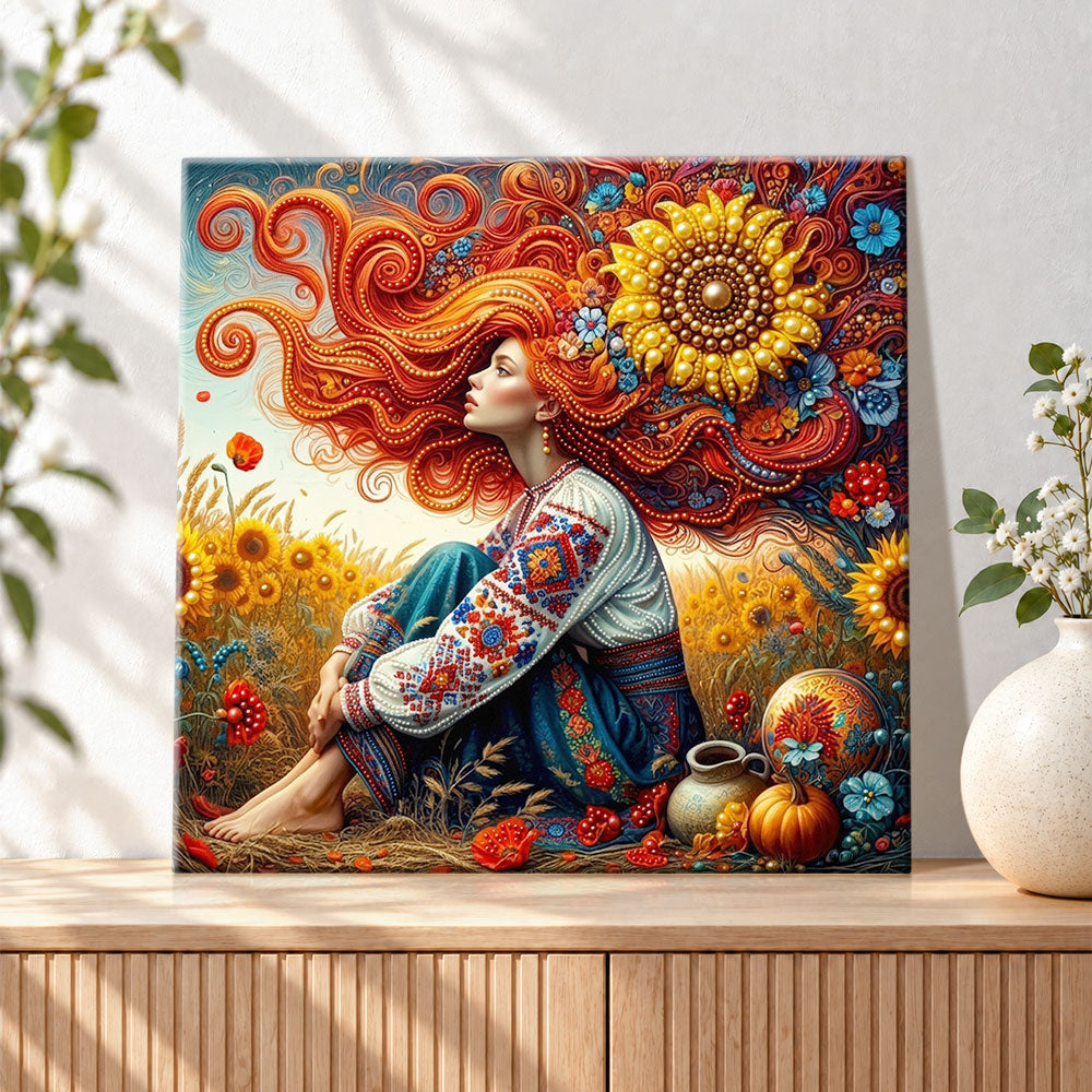 Finished sunflower folk maiden pearl diamond painting artwork displayed as holiday home decor