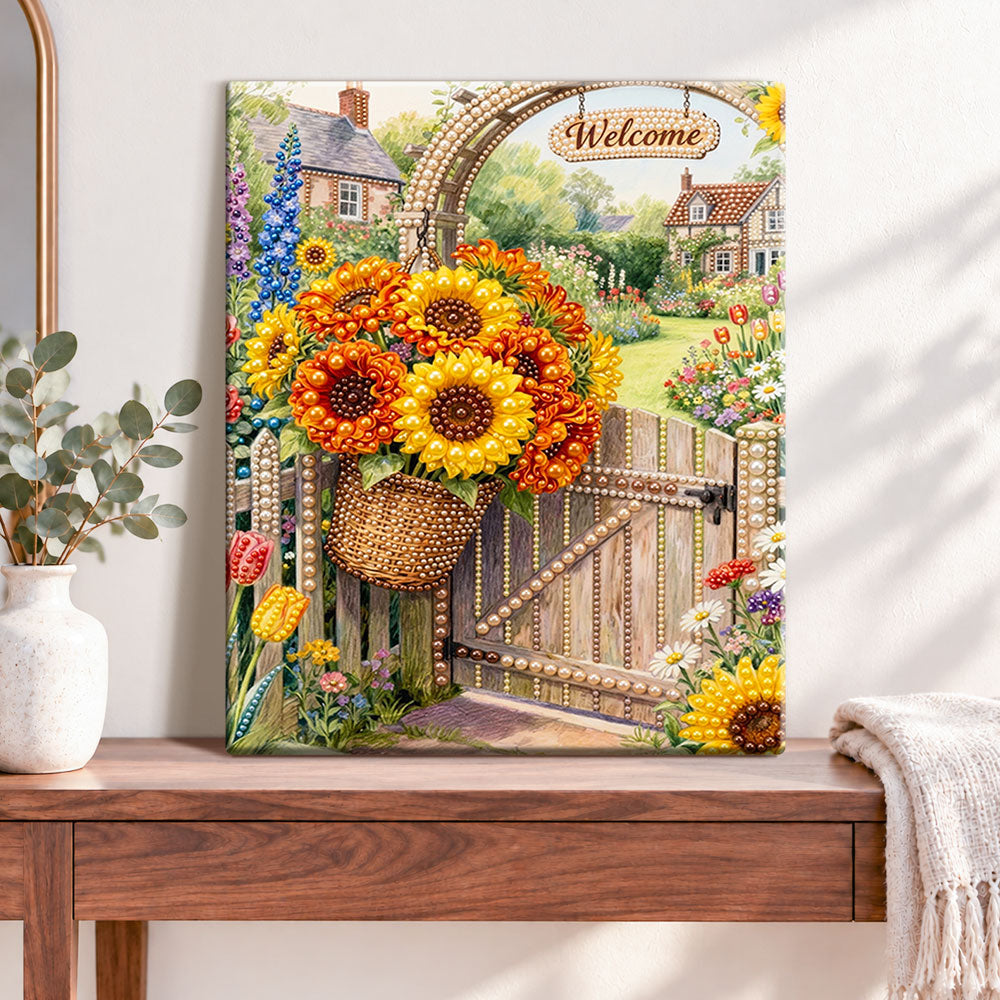 Finished sunflower garden welcome pearl diamond painting artwork displayed as home decor