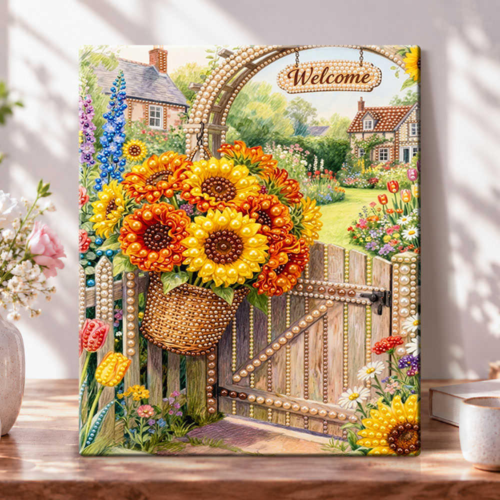 Sunflower garden welcome pearl diamond painting kit for beginners