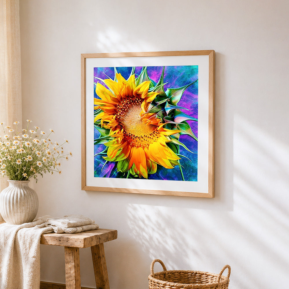 Sunflower on colourful abstract background cross stitch artwork displayed on wall as home decor