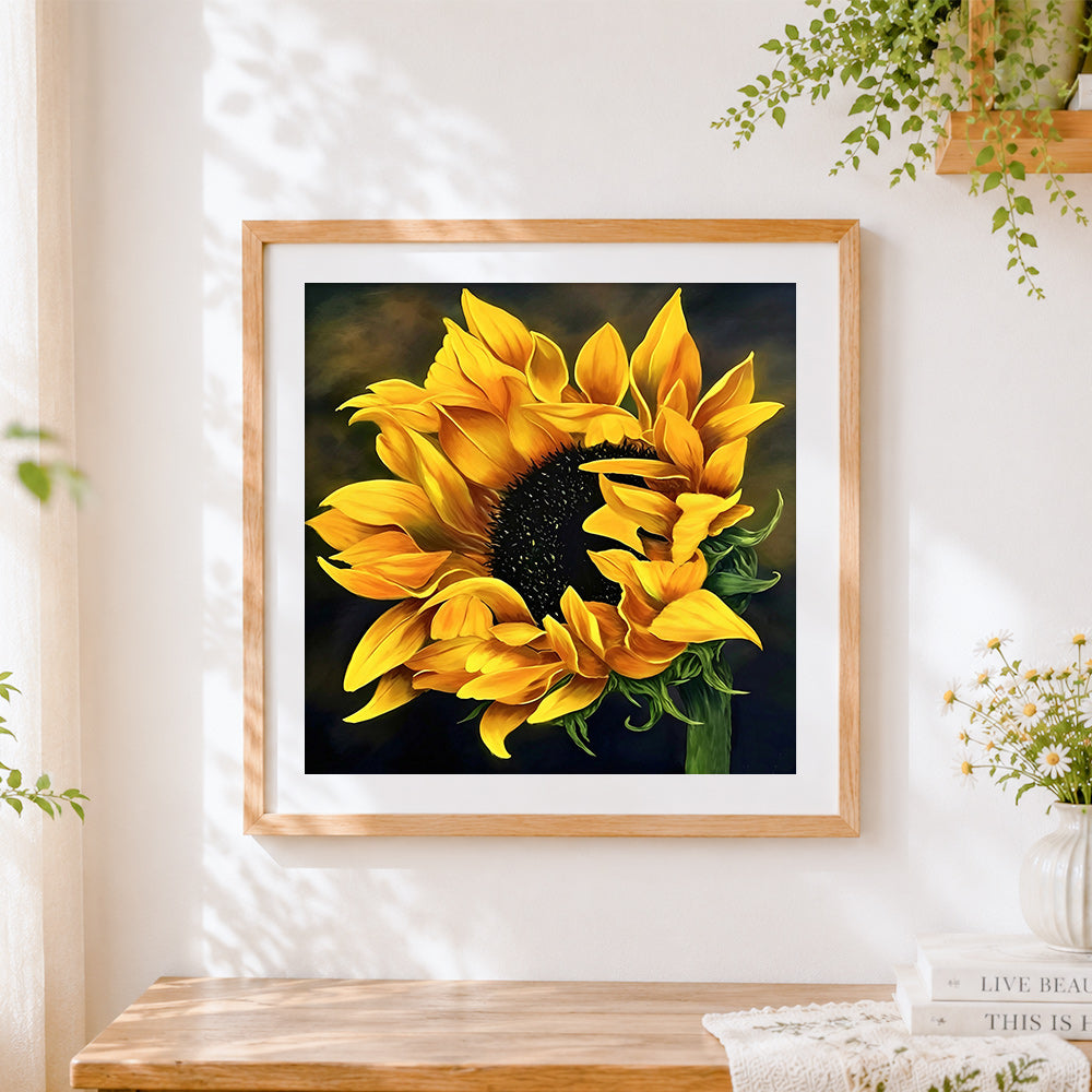 Finished sunflower on dark background cross stitch artwork displayed