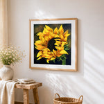 Sunflower on dark background cross stitch artwork displayed on wall as home decor