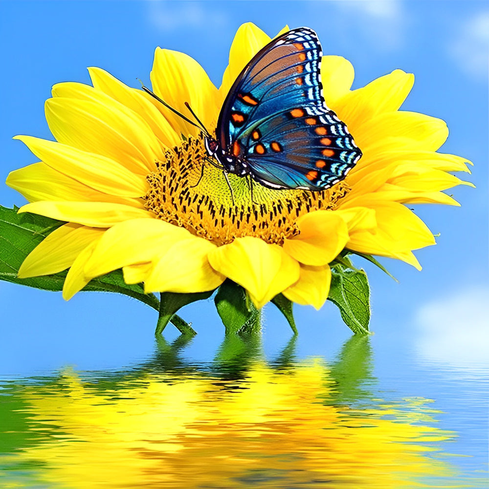 Sunflower with blue butterfly on water cross stitch kit for beginners