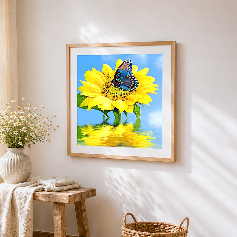 Sunflower with blue butterfly on water cross stitch artwork displayed on wall as home decor