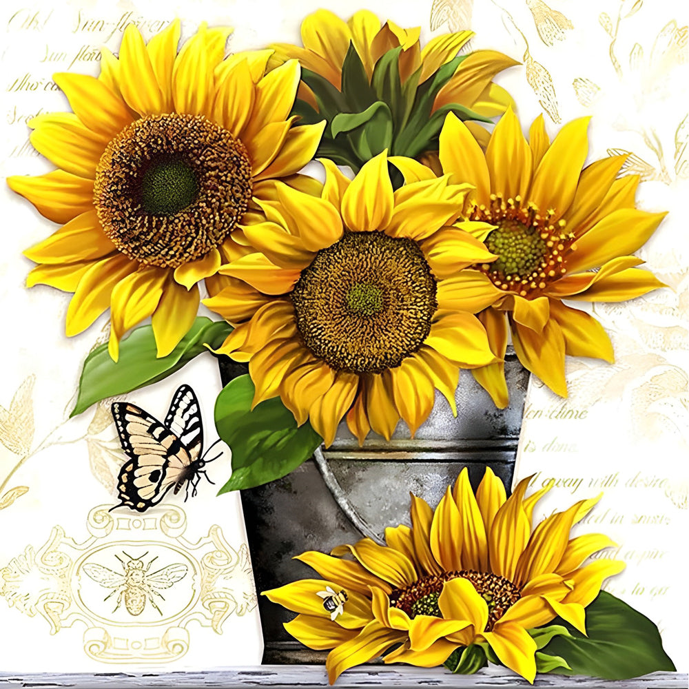 Sunflowers and butterfly with vintage text cross stitch kit for beginners