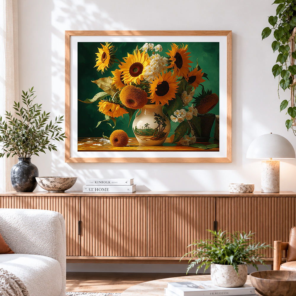 Finished sunflowers and daisies in a landscape vase paint by numbers artwork displayed as home decor