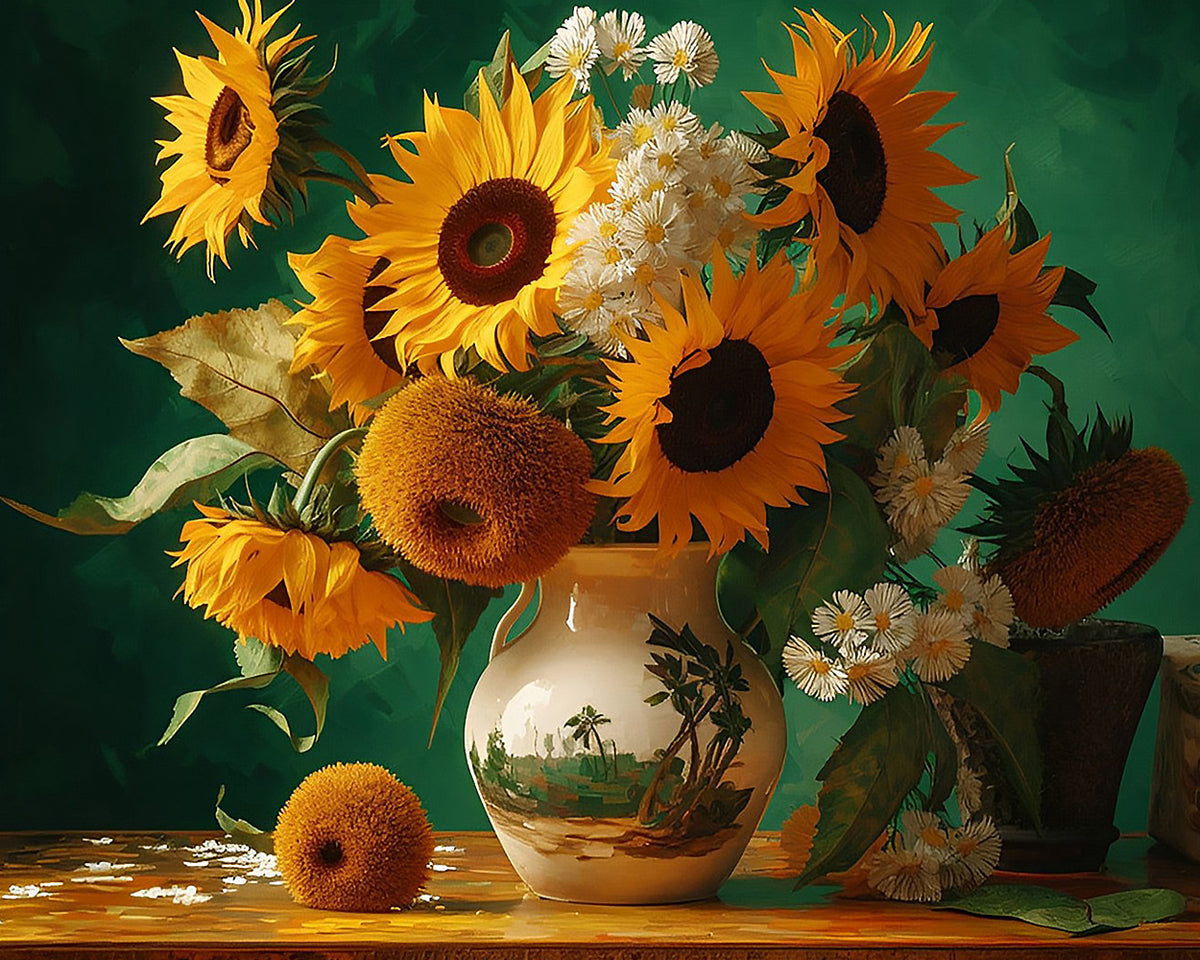 Sunflowers and daisies in a landscape vase paint by numbers kit for beginners
