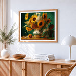 Sunflowers and daisies in a landscape vase paint by numbers artwork displayed on wall as home decor