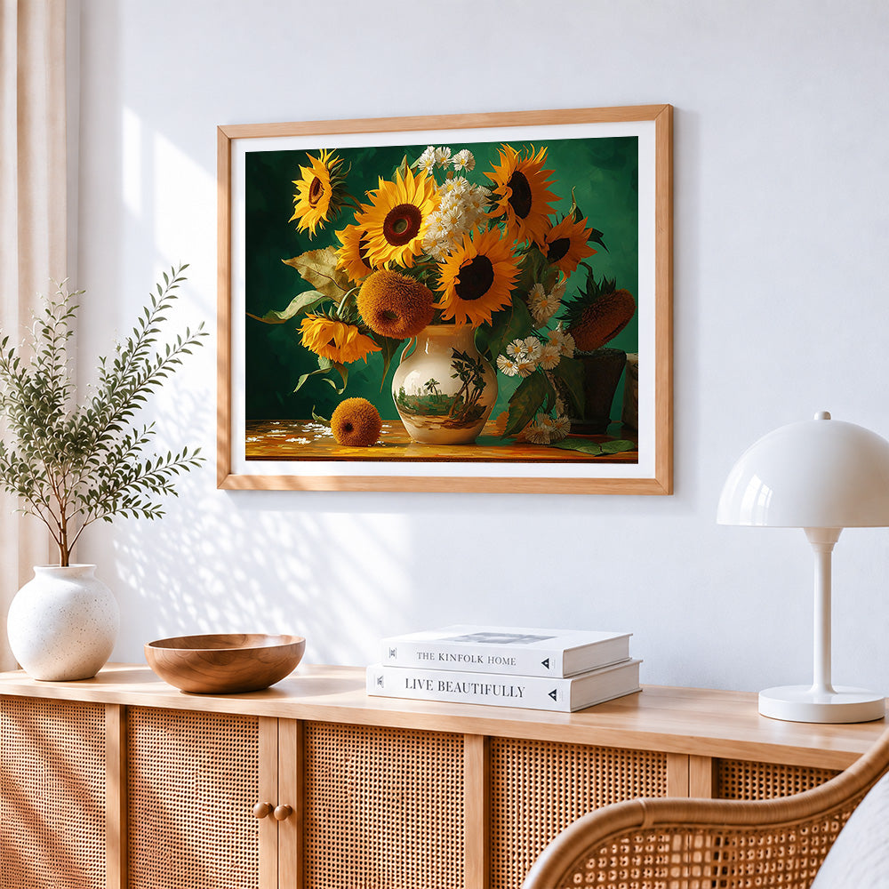 Sunflowers and daisies in a landscape vase paint by numbers artwork displayed on wall as home decor