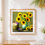 Finished sunflowers and envelopes cross stitch artwork displayed