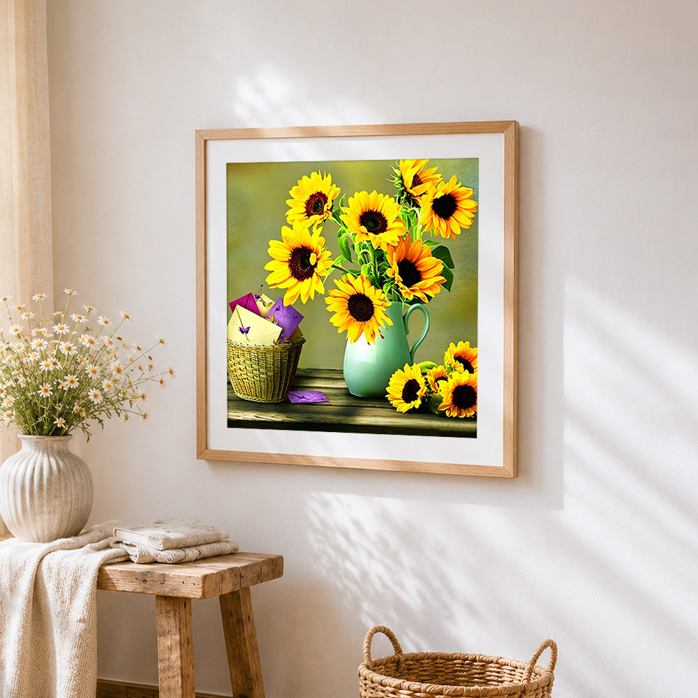 Sunflowers and envelopes cross stitch artwork displayed on wall as home decor