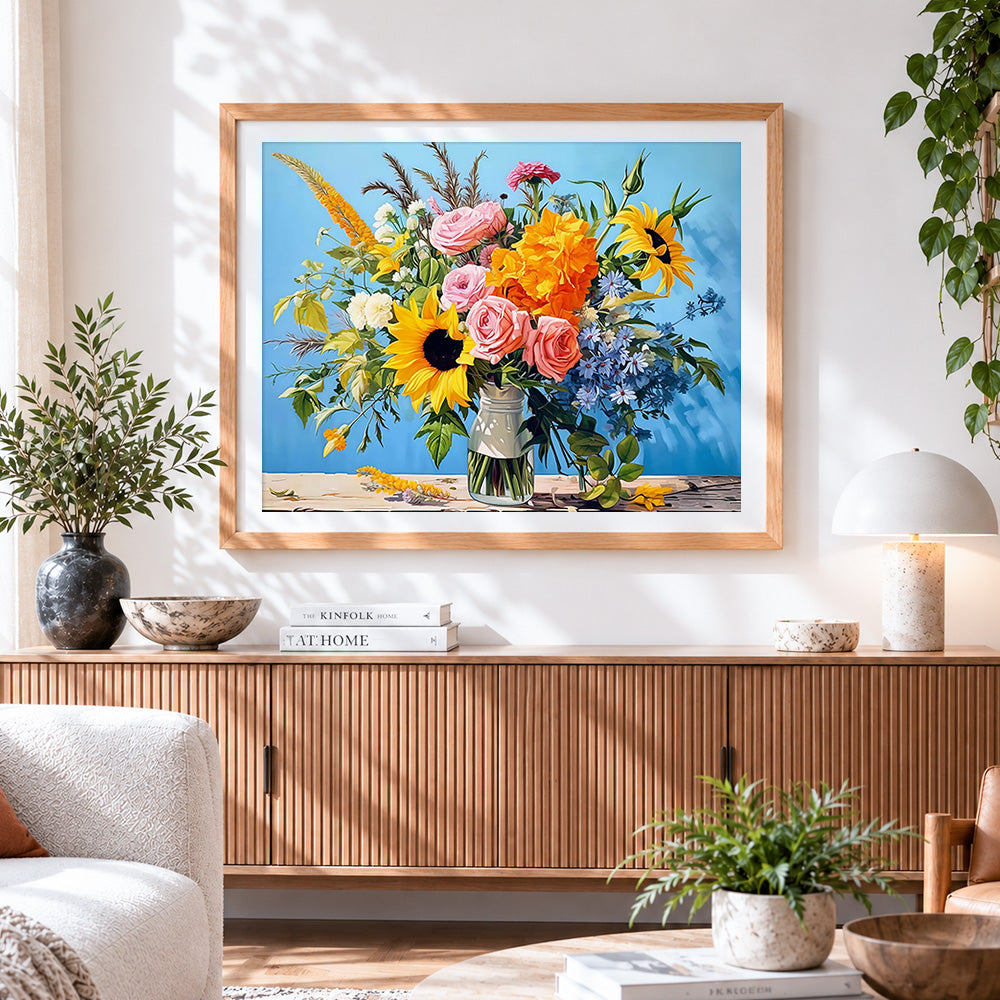 Finished sunflowers and pink roses in a glass jar paint by numbers artwork displayed as home decor