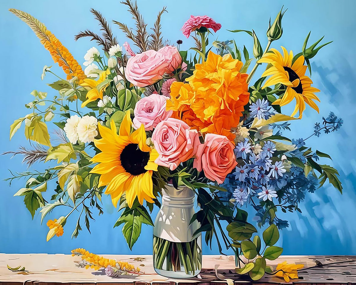 Sunflowers and pink roses in a glass jar paint by numbers kit for beginners
