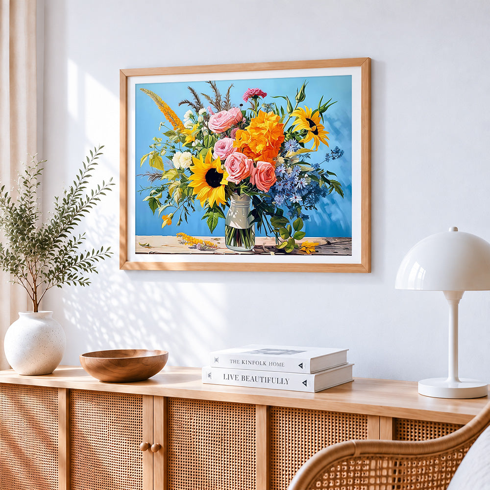 Sunflowers and pink roses in a glass jar paint by numbers artwork displayed on wall as home decor