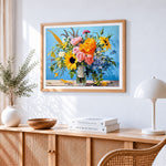Sunflowers and pink roses in a glass jar paint by numbers artwork displayed on wall as home decor