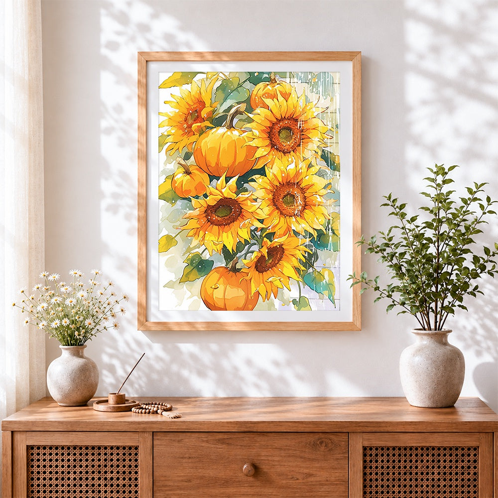 Finished sunflowers and pumpkins cross stitch artwork displayed