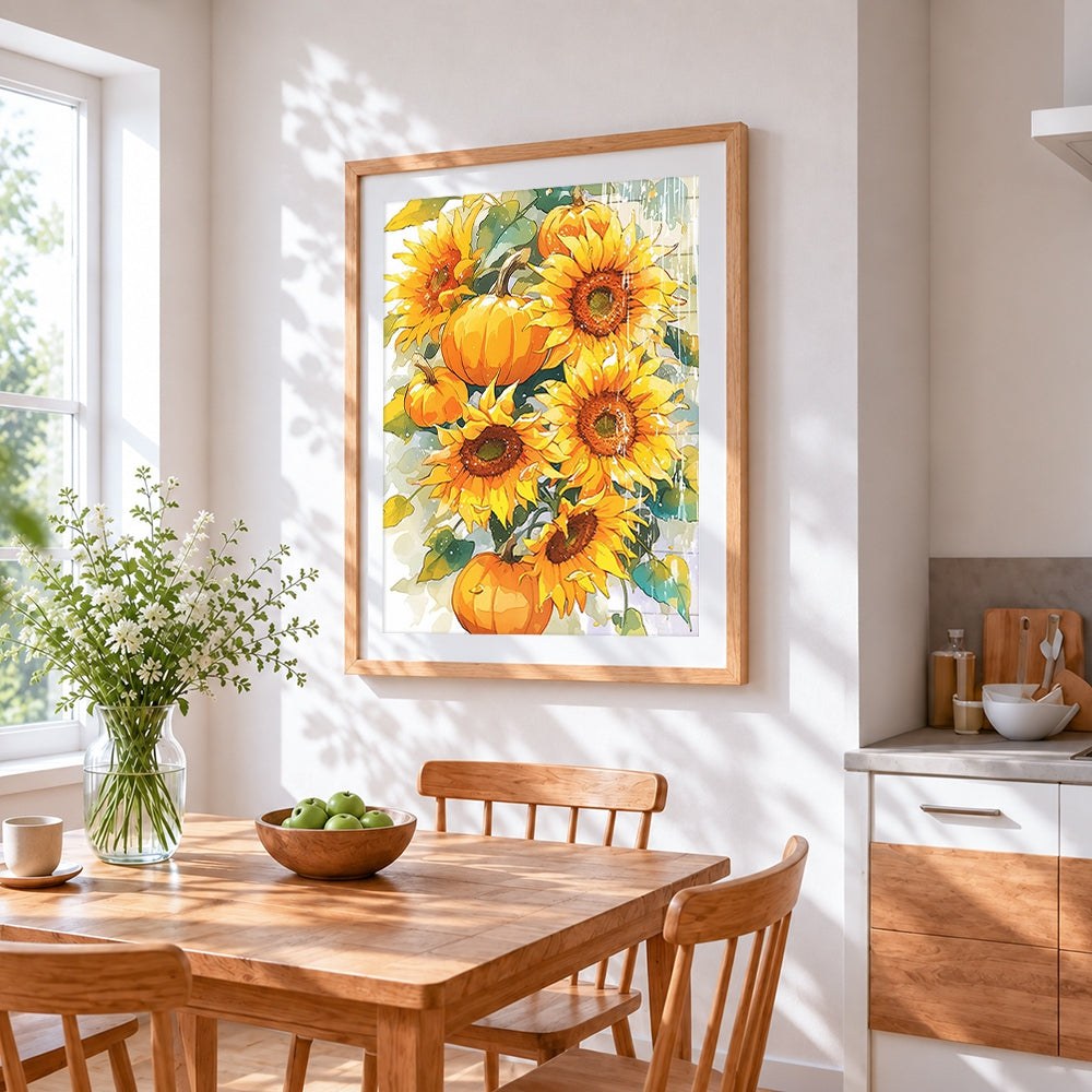 Sunflowers and pumpkins cross stitch artwork displayed on wall as home decor