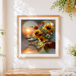 Finished sunflowers and sunset heart cross stitch artwork displayed