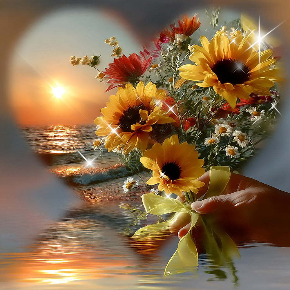 Sunflowers and sunset heart cross stitch kit for beginners