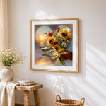 Sunflowers and sunset heart cross stitch artwork displayed on wall as home decor