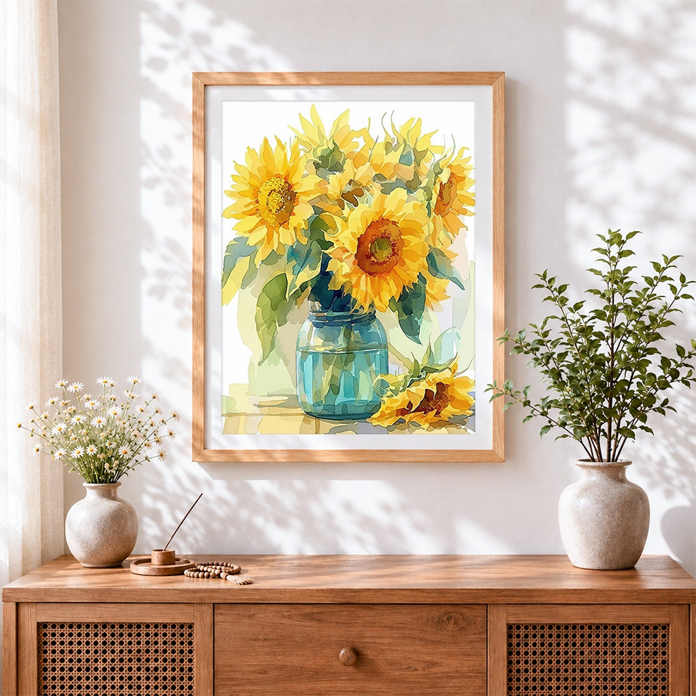 Finished sunflowers in a blue glass jar cross stitch artwork displayed