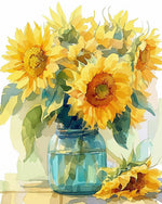 Sunflowers in a blue glass jar cross stitch kit for beginners
