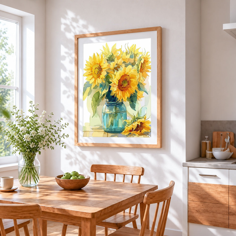 Sunflowers in a blue glass jar cross stitch artwork displayed on wall as home decor