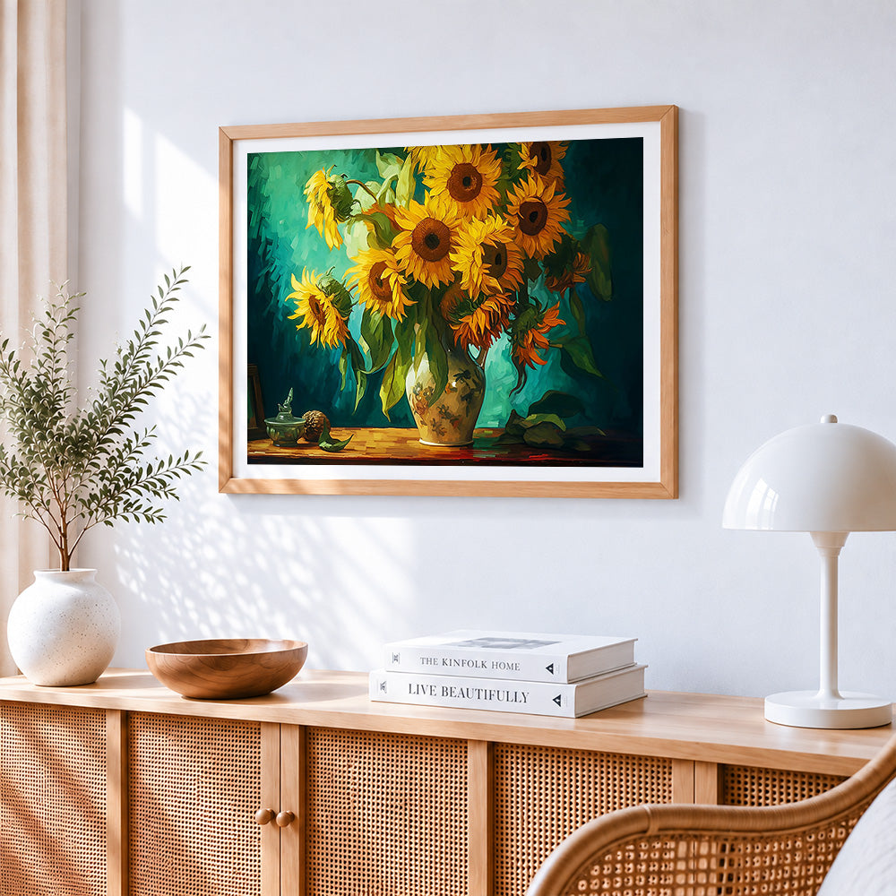 Sunflowers in a floral vase cross stitch artwork displayed on wall as home decor