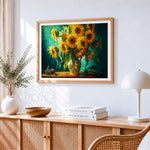 Sunflowers in a floral vase cross stitch artwork displayed on wall as home decor