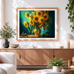 Finished sunflowers in a floral vase paint by numbers artwork displayed as home decor