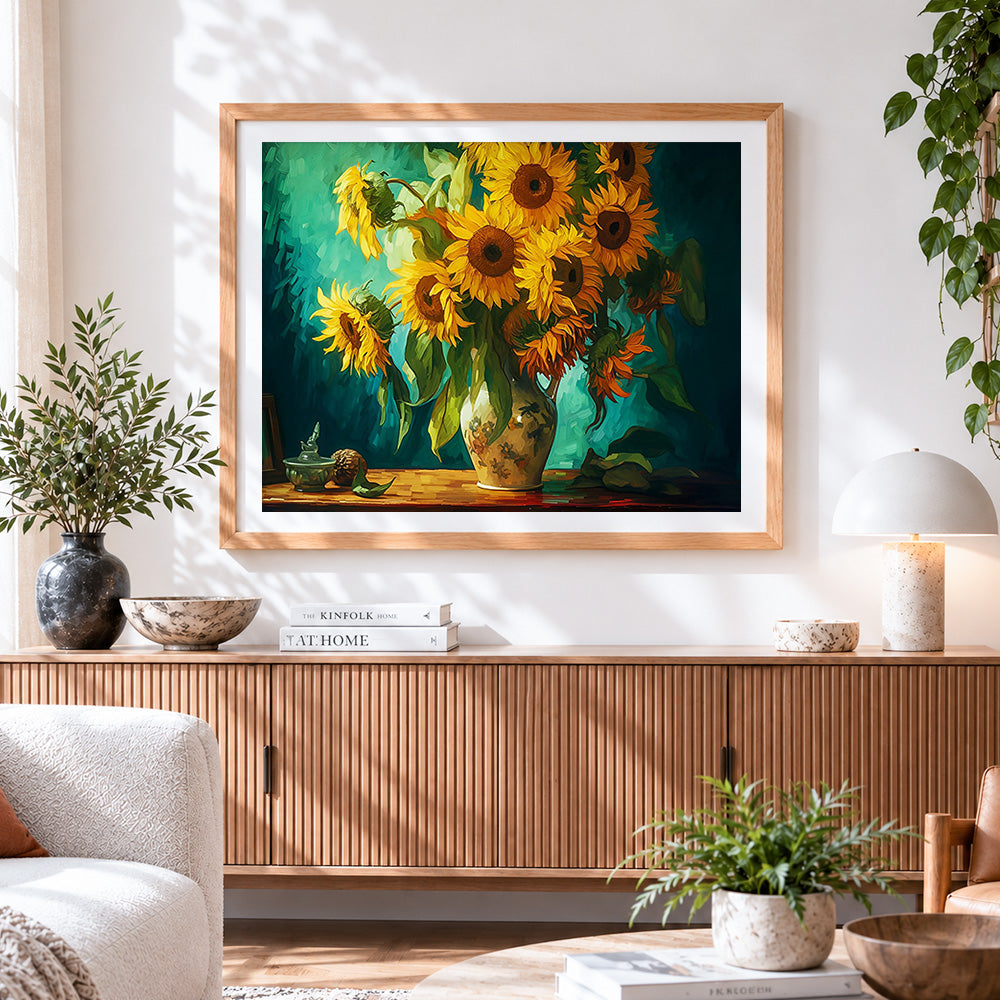 Finished sunflowers in a floral vase paint by numbers artwork displayed as home decor