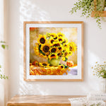 Finished sunflowers in a vase cross stitch artwork displayed