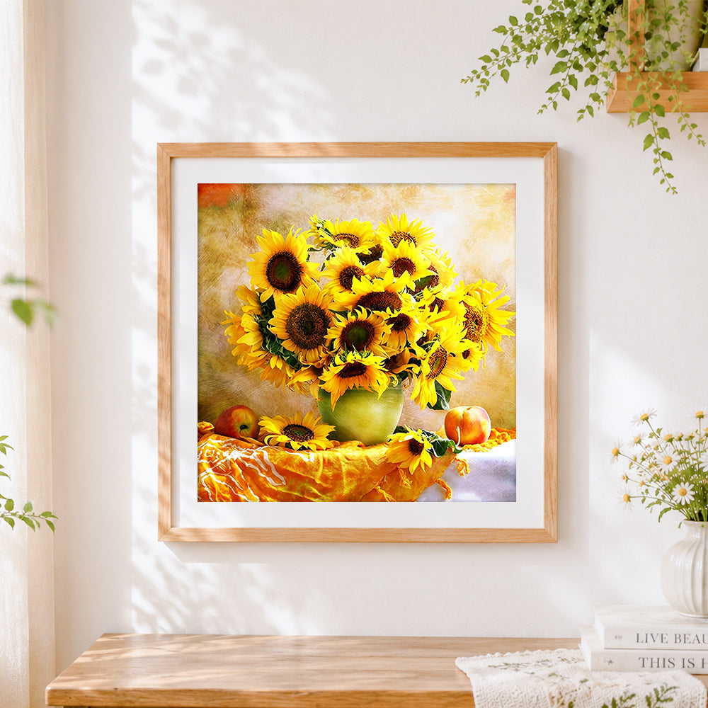 Finished sunflowers in a vase cross stitch artwork displayed